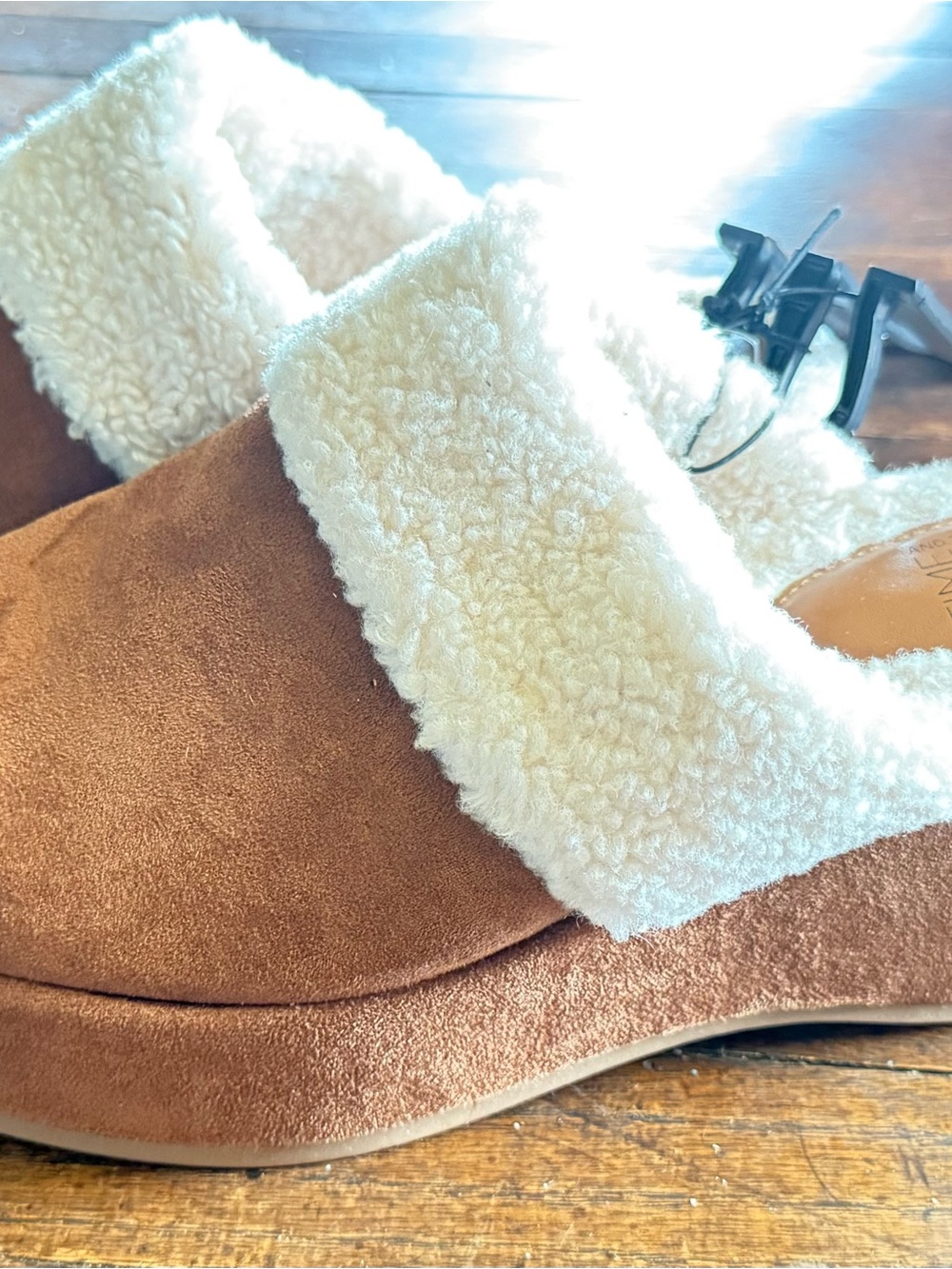 Women's Brown Faux-Suede Mules with Cream Sherpa Cuff